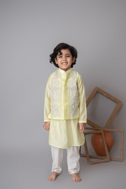 Lemon floral applique bandhgala and kurta set for infant boys