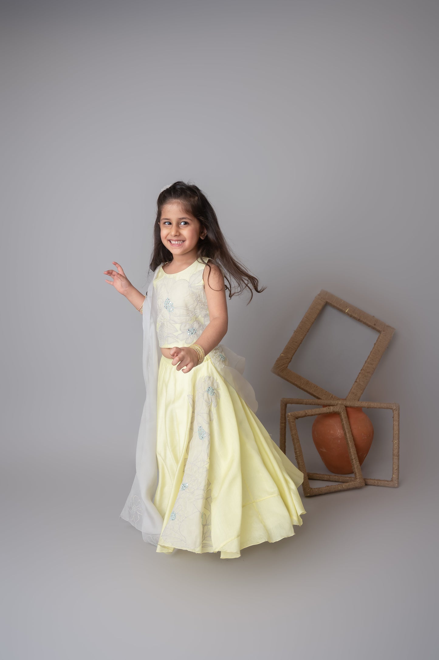 Lemon floral applique lehnga set for infant girls