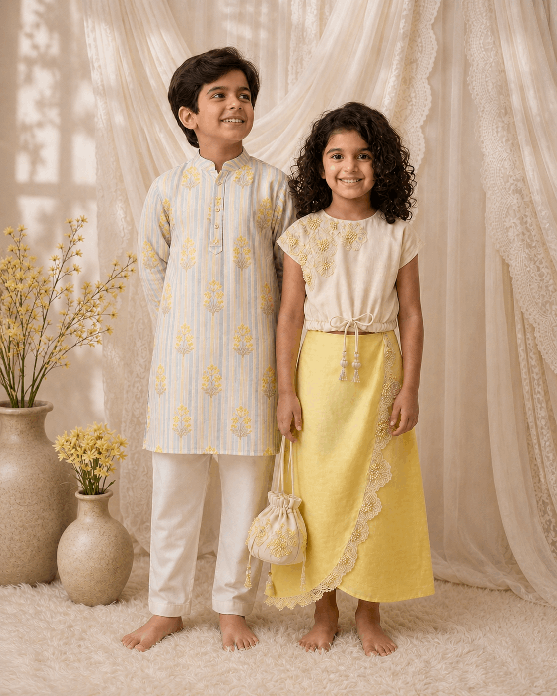 Lemon embroidered floral skirt set for girls