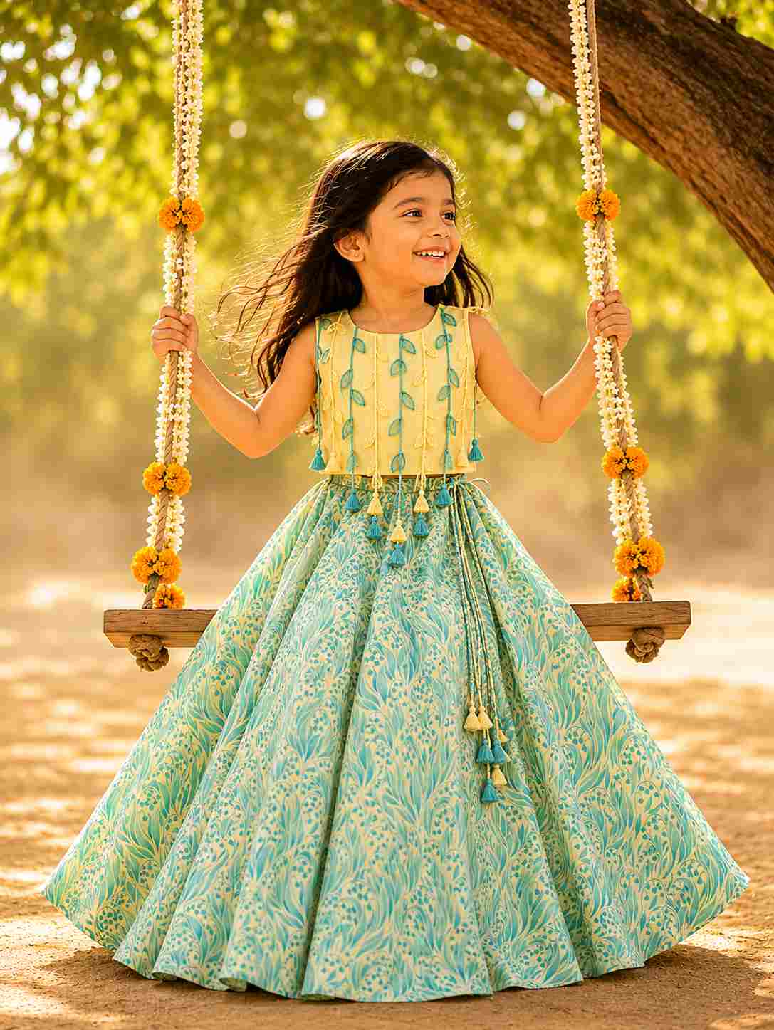 Mint leaf tassel lehenga set for girls