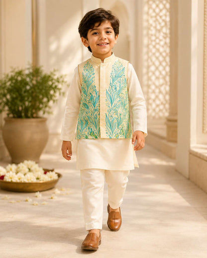 Mint floral applique bandhgala set for infant boys