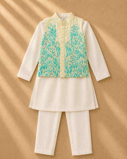 Mint floral applique bandhgala set for infant boys