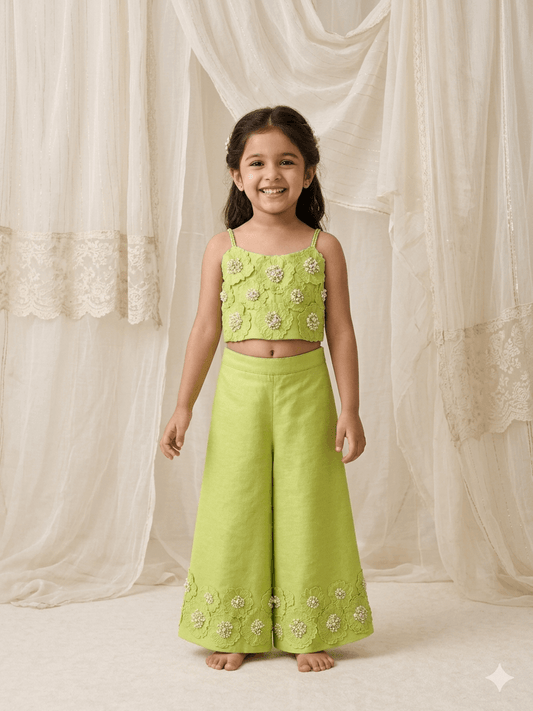 Lime embroidered floral  Palazzo set for girls