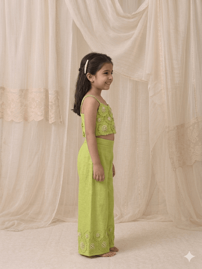 Lime embroidered floral  Palazzo set for girls