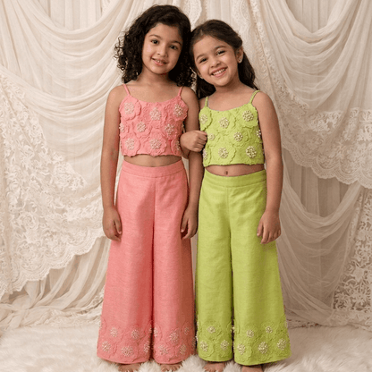 Lime embroidered floral  Palazzo set for girls