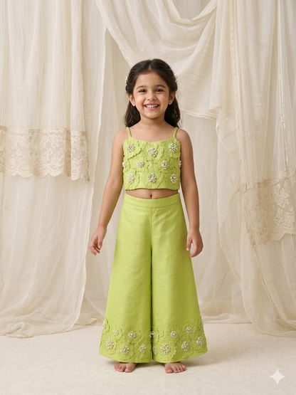 Lime embroidered floral  Palazzo set for girls