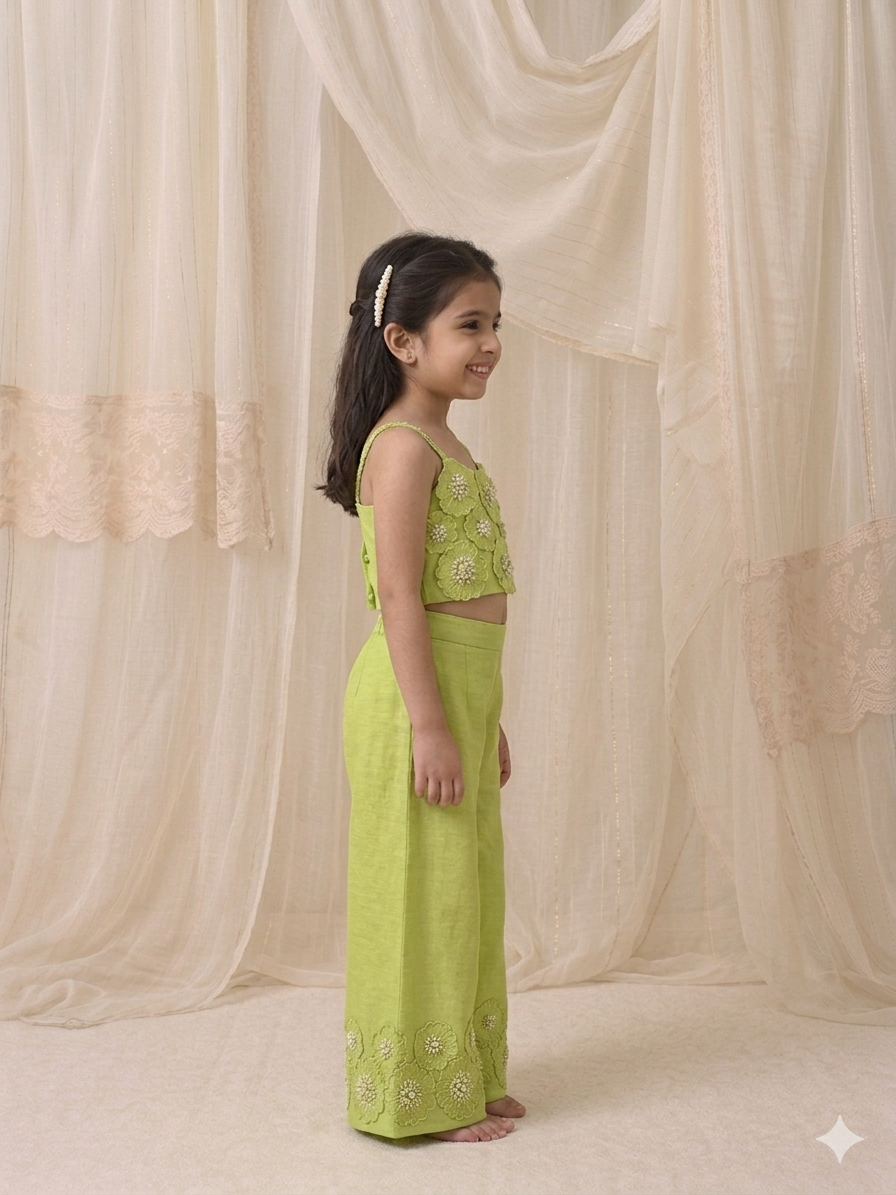 Lime embroidered floral  Palazzo set for girls