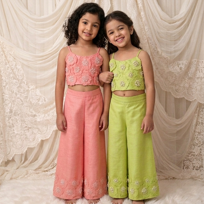 Lime embroidered floral  Palazzo set for girls