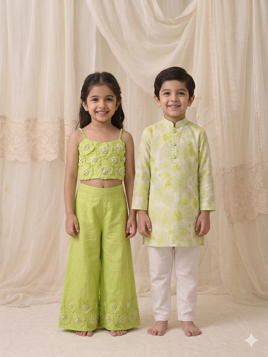 Lime embroidered floral  Palazzo set for girls