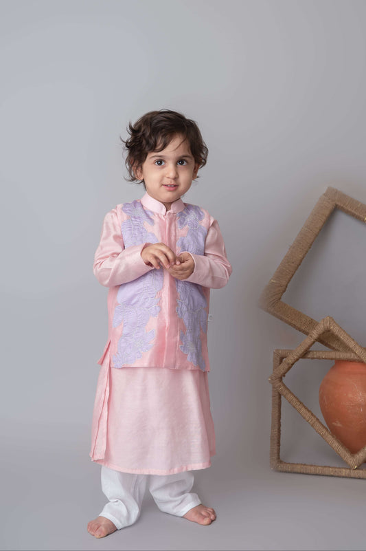 Pink floral applique bandhgala and kurta set