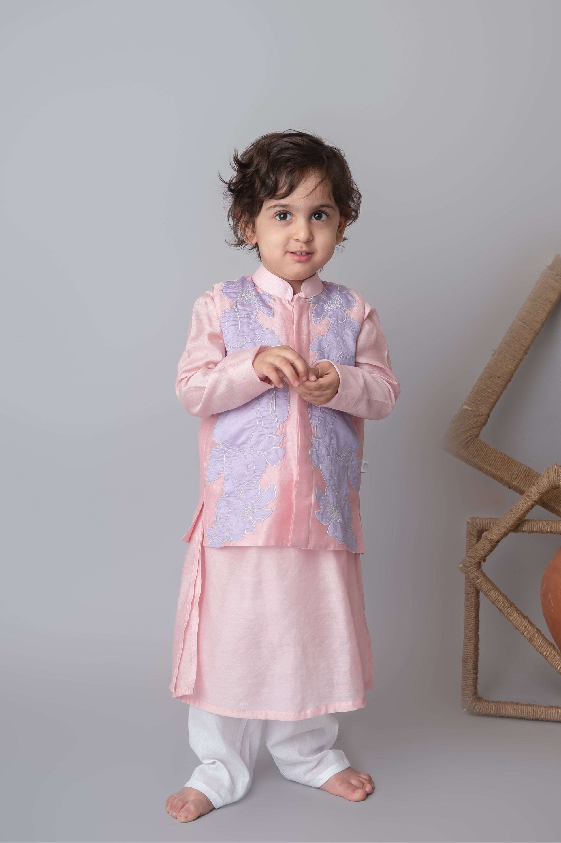 Pink floral applique bandhgala and kurta set for infant boys