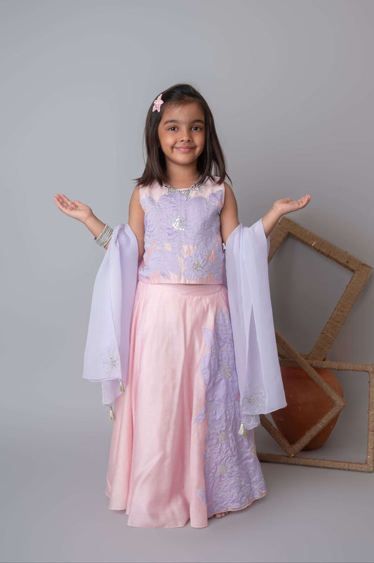 Pink floral applique lehnga set for infant girls
