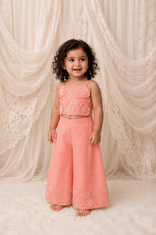 Pink embroidered floral Palazzo set for infant girls