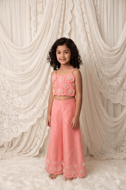 Pink embroidered floral  Palazzo set for girls