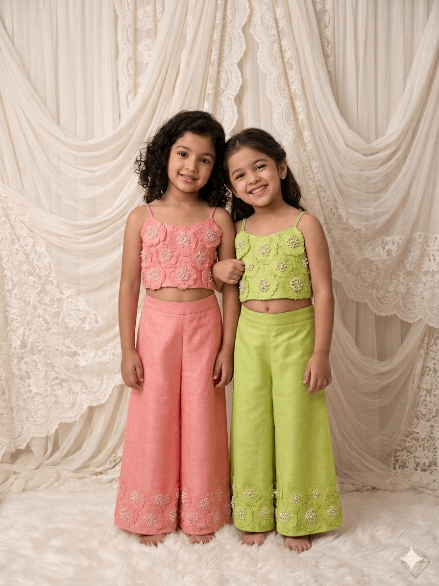 Pink embroidered floral  Palazzo set for girls