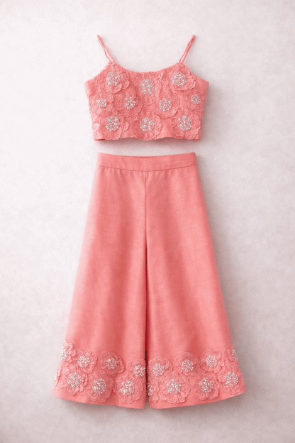 Pink embroidered floral  Palazzo set for girls