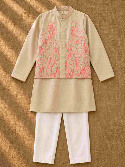 Pink floral applique bandhgala set for boys