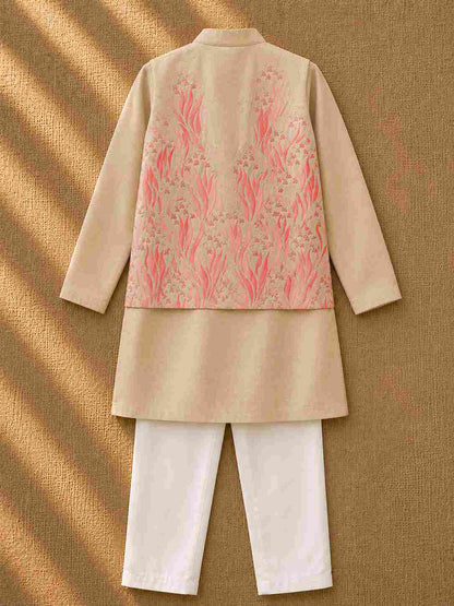 Pink floral applique bandhgala set for boys