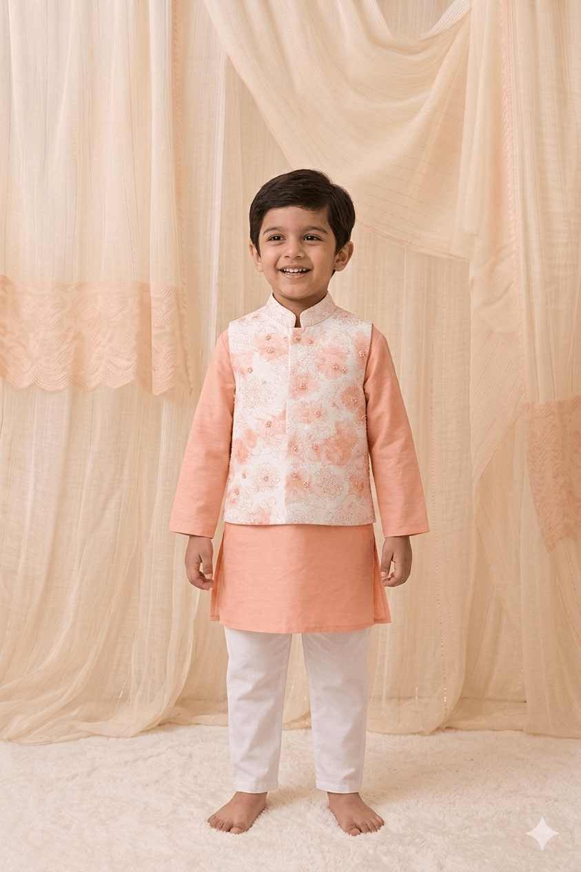 Printed Bundi with kurta set for boys