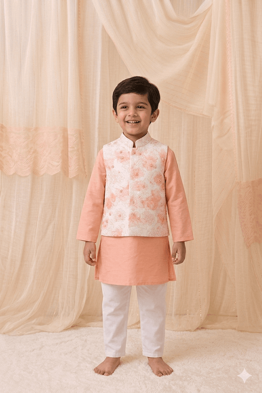 Printed Bundi with kurta set for boys