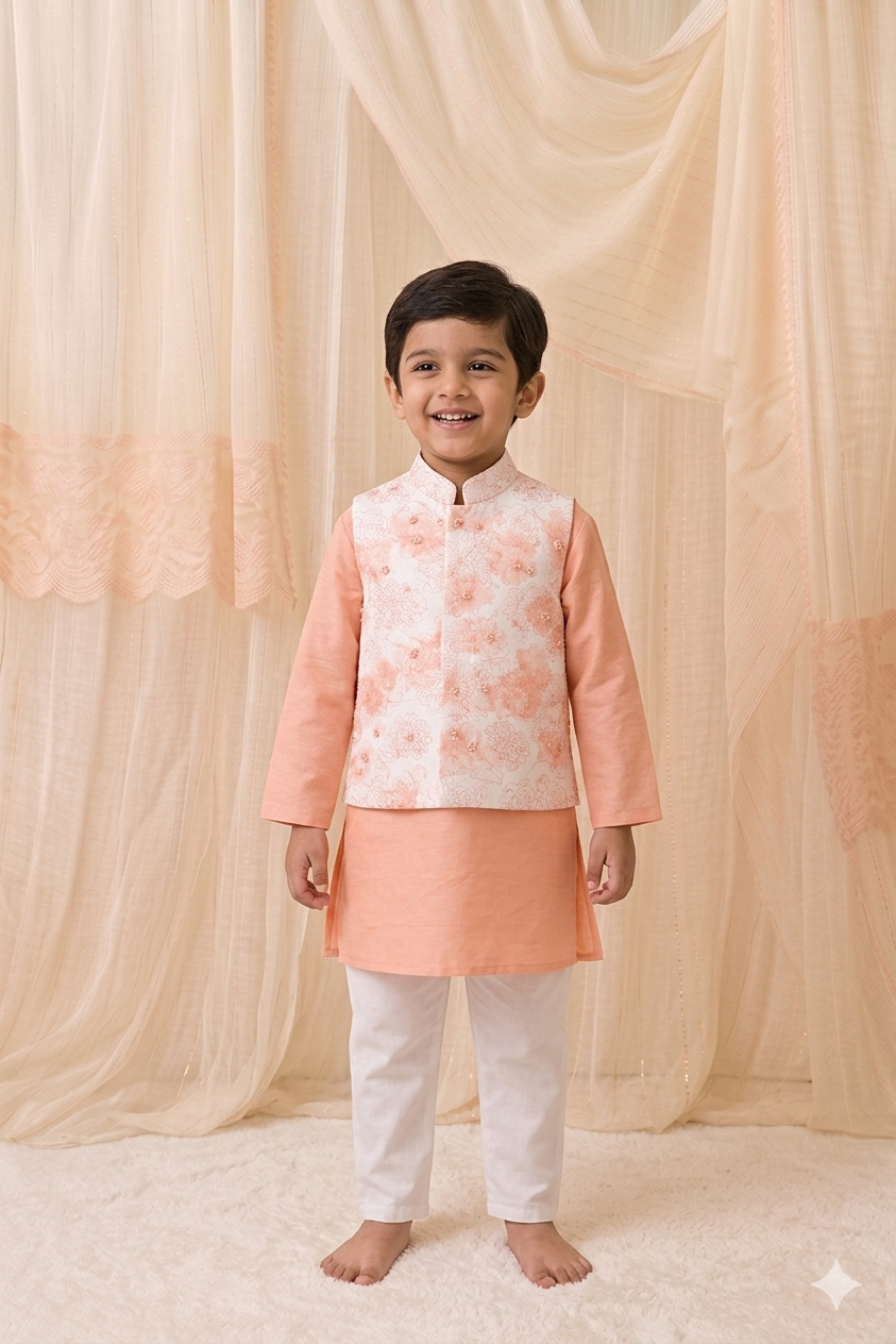 Printed Bundi with kurta set for boys