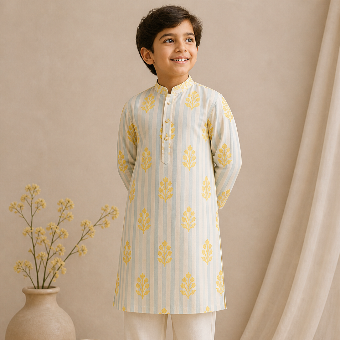 Young boy in a light blue kurta with yellow floral patterns standing against a beige curtain.