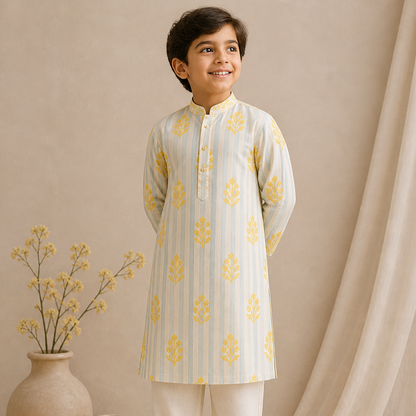 Young boy in a light blue kurta with yellow floral patterns standing against a beige curtain.