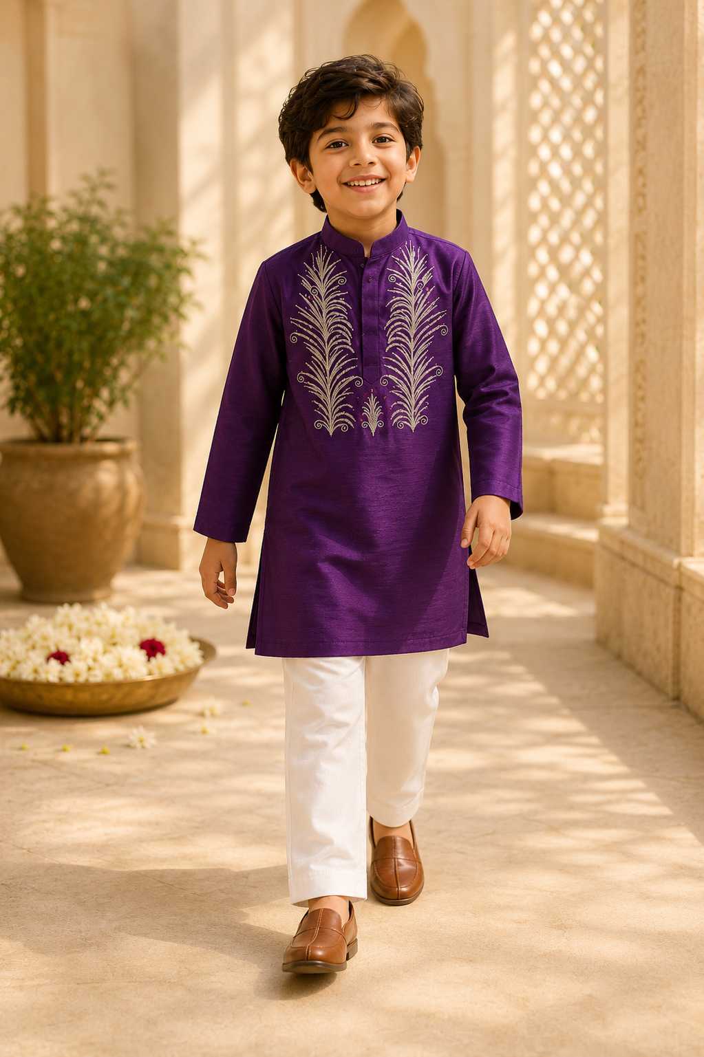 Purple Embroidered kurta Set for boys