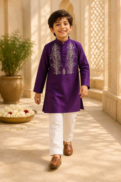 Purple Embroidered kurta Set for boys