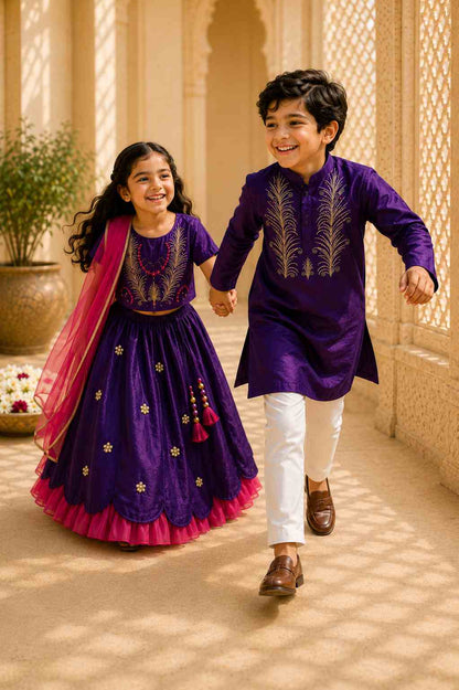 Purple Embroidered kurta Set for boys