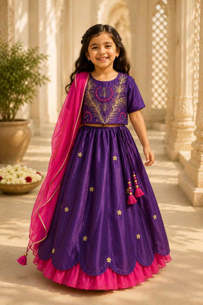 Purple embroidered lehenga set for infant girls