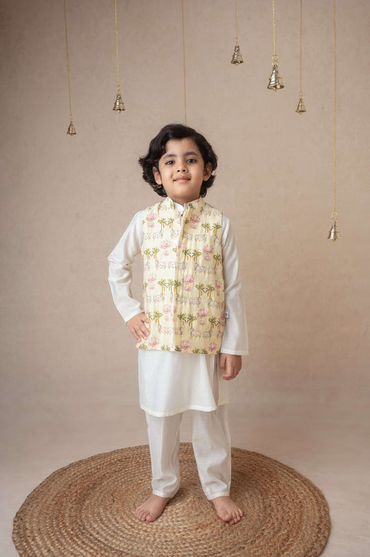 Traditional pichwai printed bandhgala and kurta set for infant boys