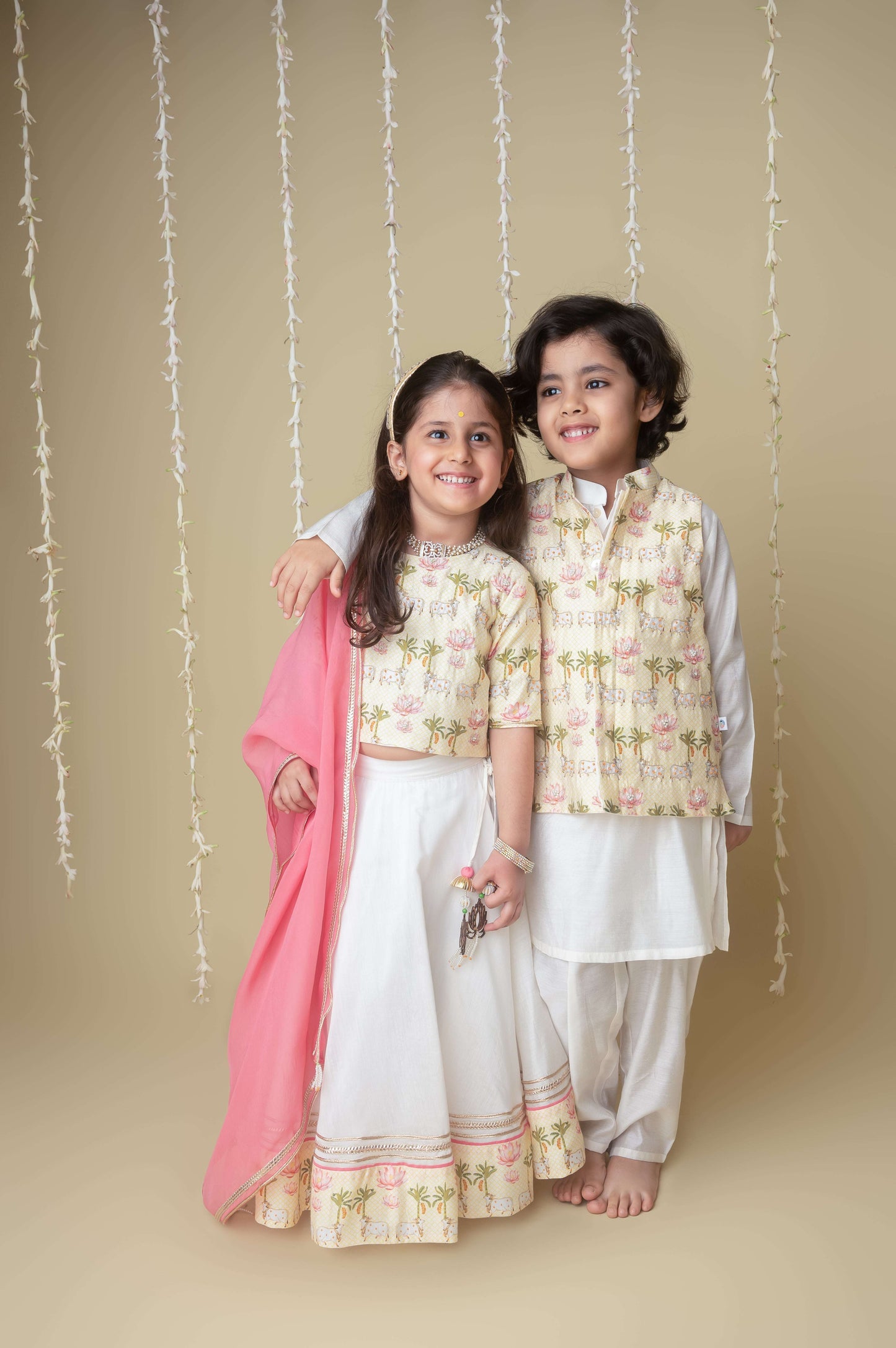 Traditional pichwai printed bandhgala and kurta set for infant boys