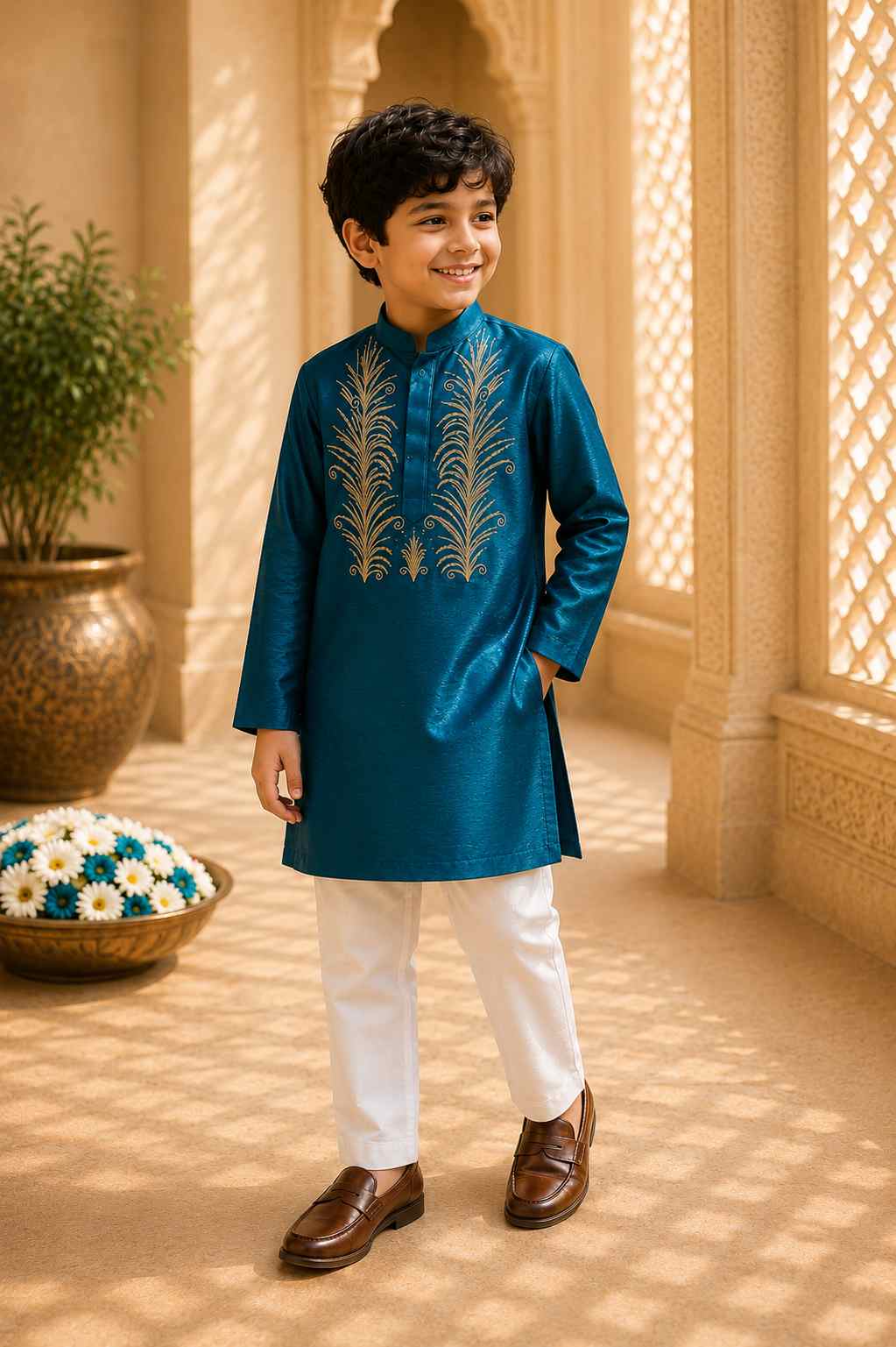 Teal Embroidered kurta Set for boys