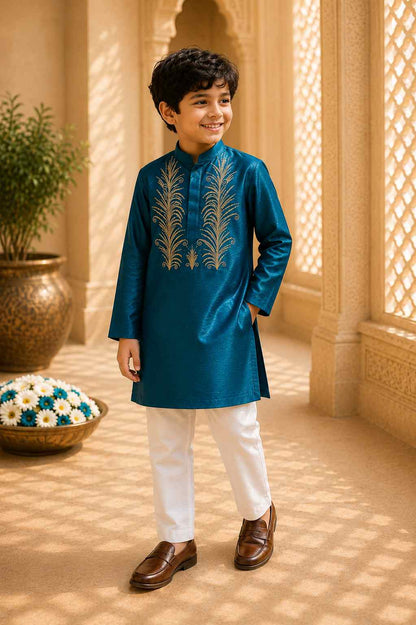 Teal Embroidered kurta Set for boys