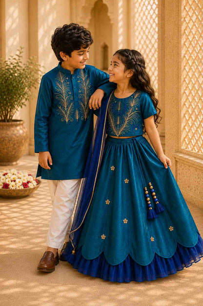 Teal Embroidered kurta Set for boys