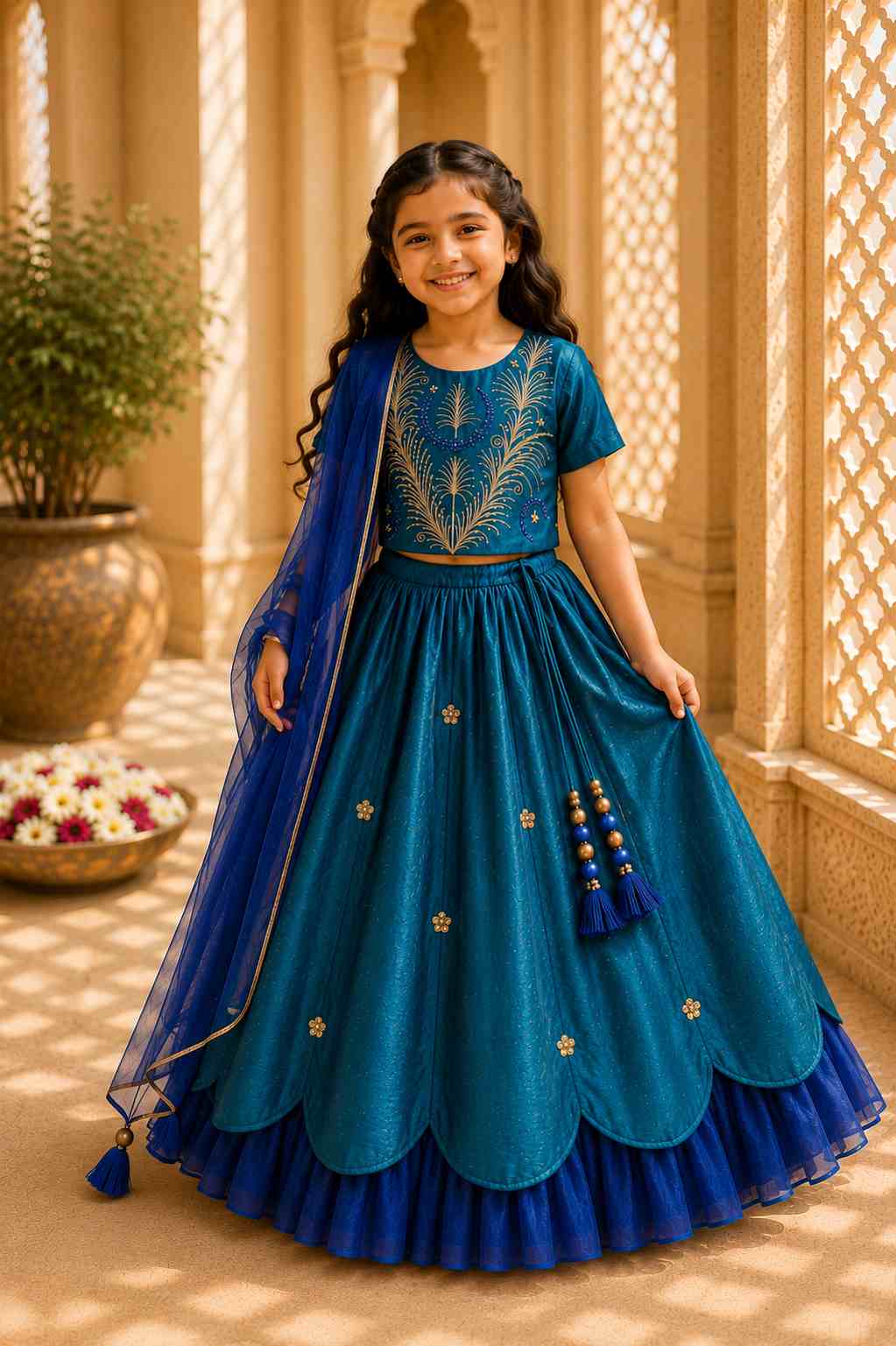 Teal embroidered lehenga set for girls