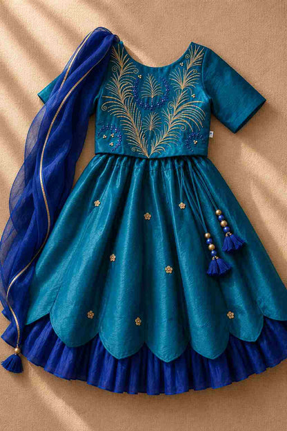 Teal embroidered lehenga set for girls