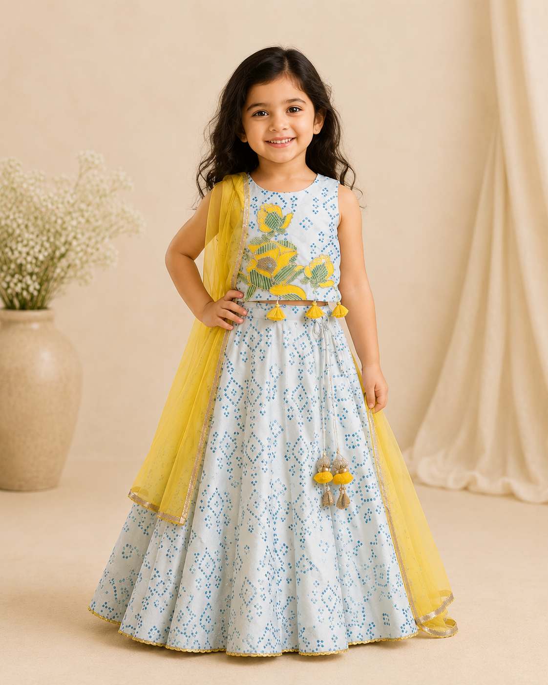 Bandhej lehnga with floral embroidery set for girls