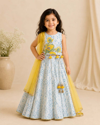 Bandhej lehnga with floral embroidery set for girls