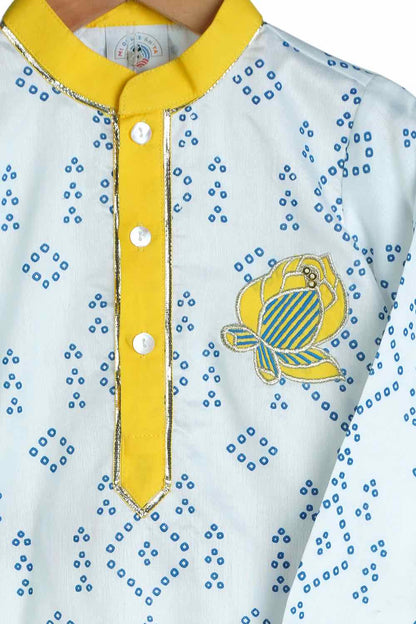Cobalt embroidered motif Bandhej kurta for boys