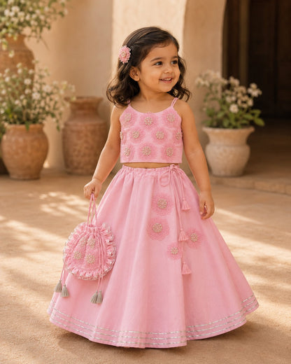 Pink floral Embroidered Lehenga set for girls