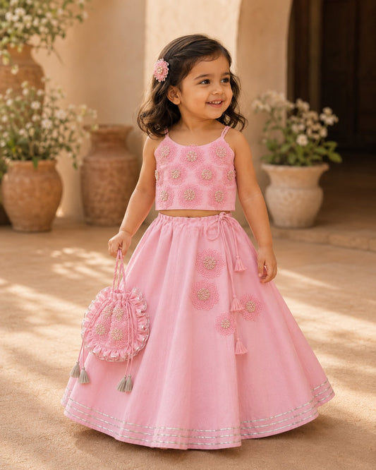 Pink floral Embroidered Lehenga set for girls