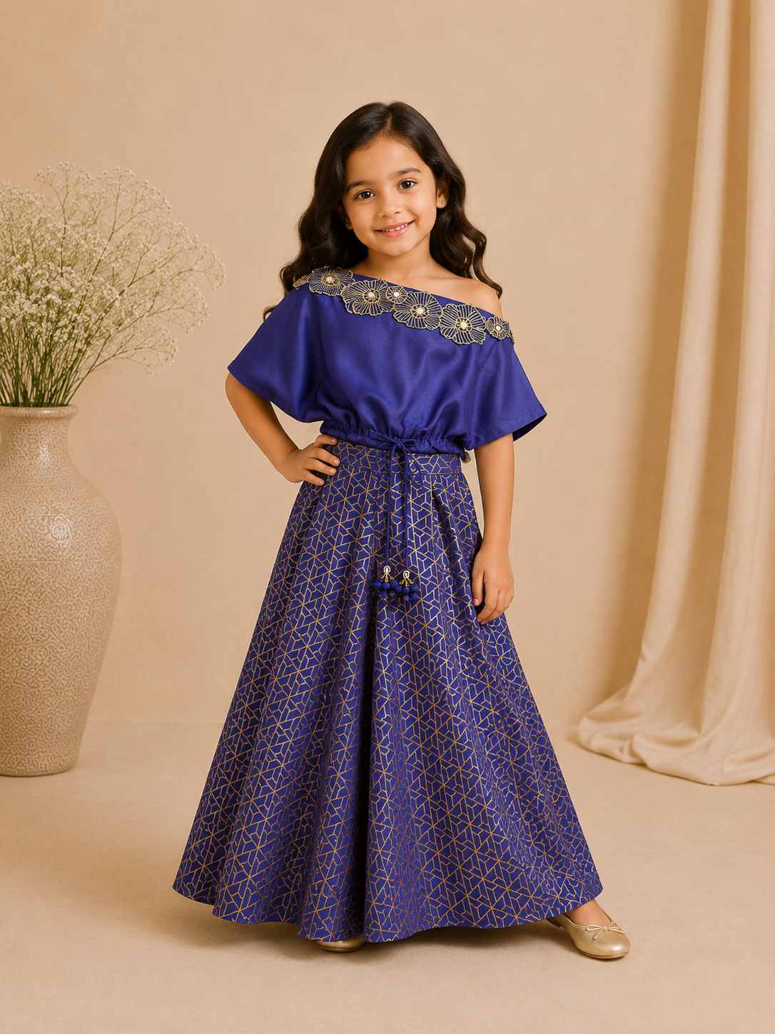 Cobalt 3d off shoulder blouse and palazzo set for girls