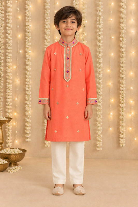 Coral embroidered placket kurta set for infant boys