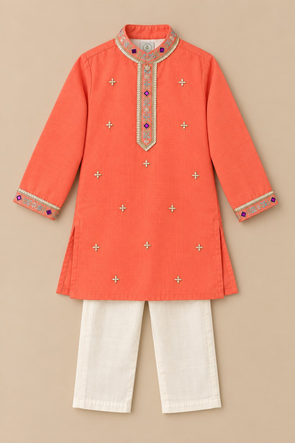 Coral embroidered placket kurta set for infant boys
