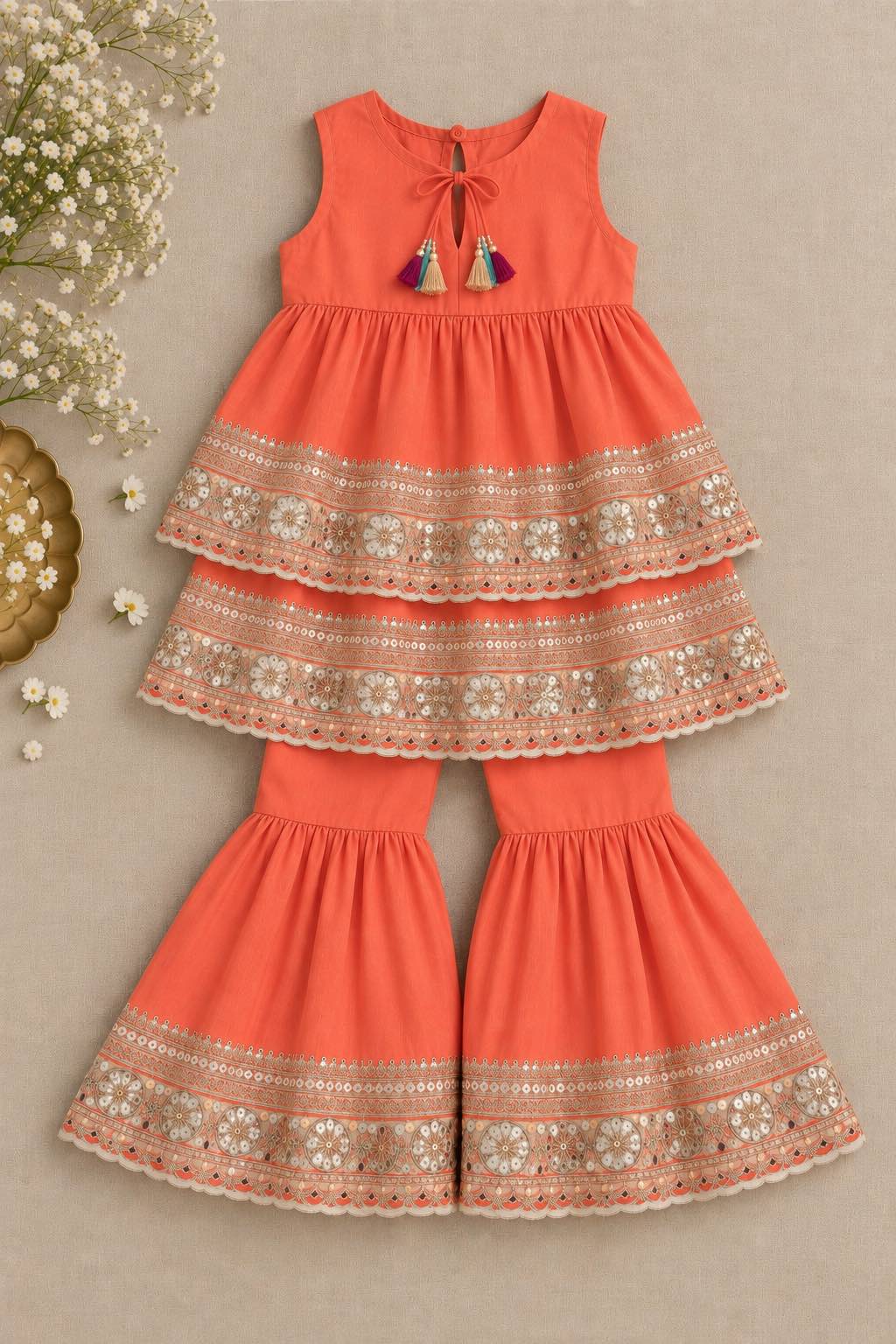 Coral beaten gold sharara set for girls