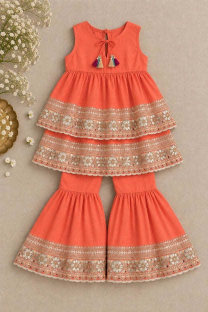 Coral beaten gold sharara set for girls