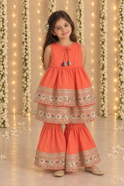 Coral beaten gold sharara set for girls