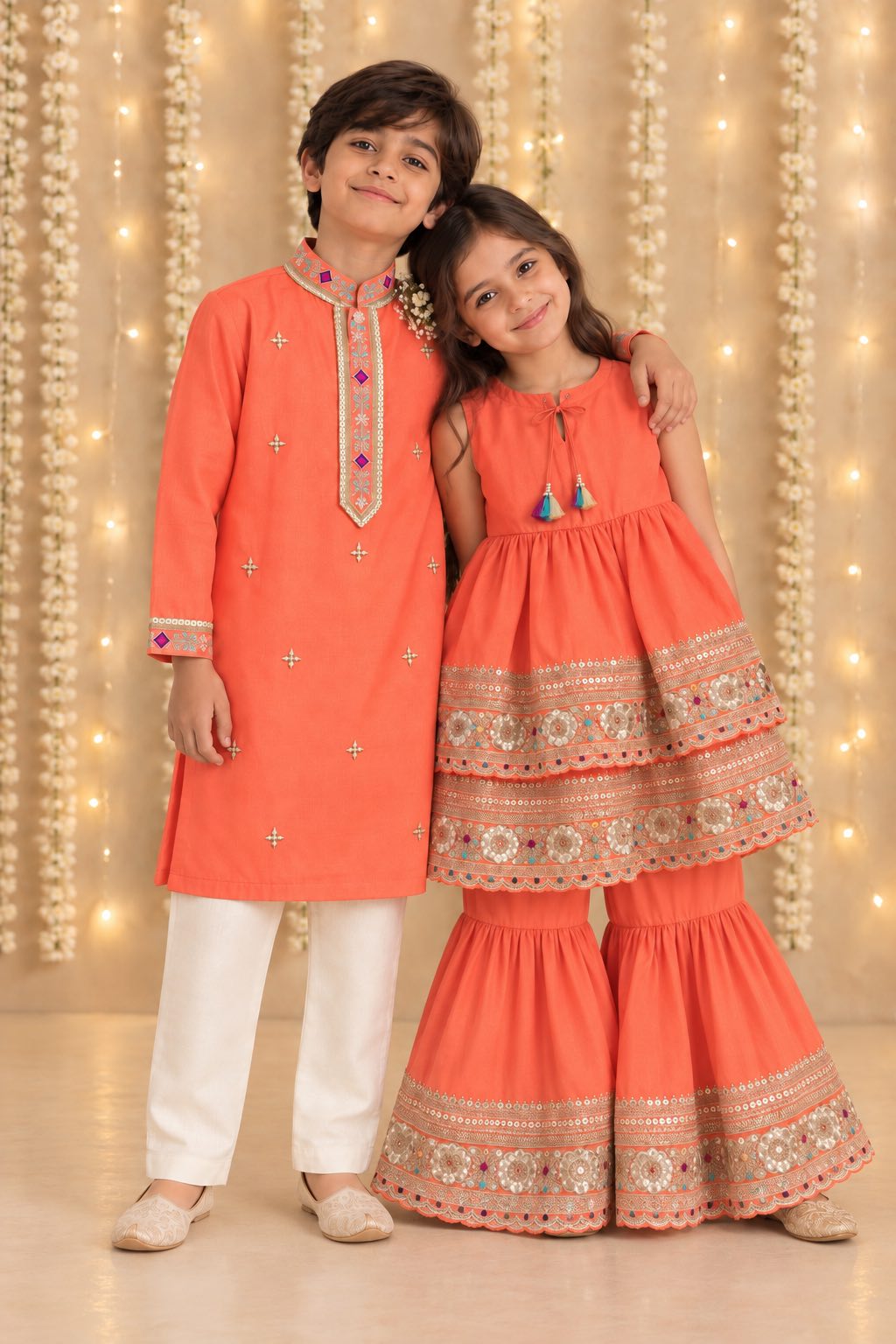 Coral embroidered placket kurta set for infant boys